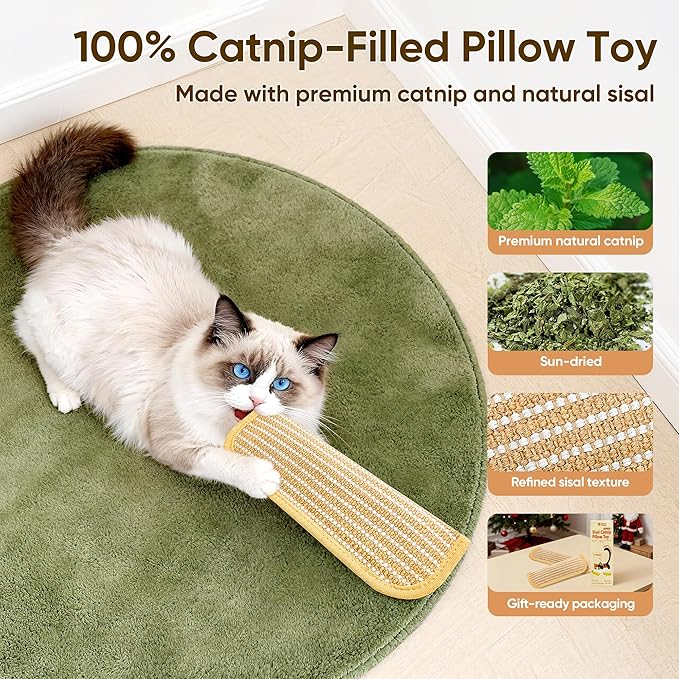 Sisal Catnip Pillow Toy Kickers, 2 Pack Interactive Catnip Toys with Organic 8000mg Herbal Blend for Indoor Scratching, Chewing & Teething, Fun for Kittens and Adult Cats