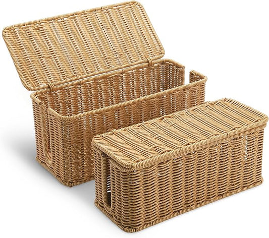2Pack Large Cable Management Box, Handwoven Imitation Rattan Cord Organizer Cord Hider Box, Cable Organizer Box for Desk, Cord Management Box to Hide Cords and Power Strips