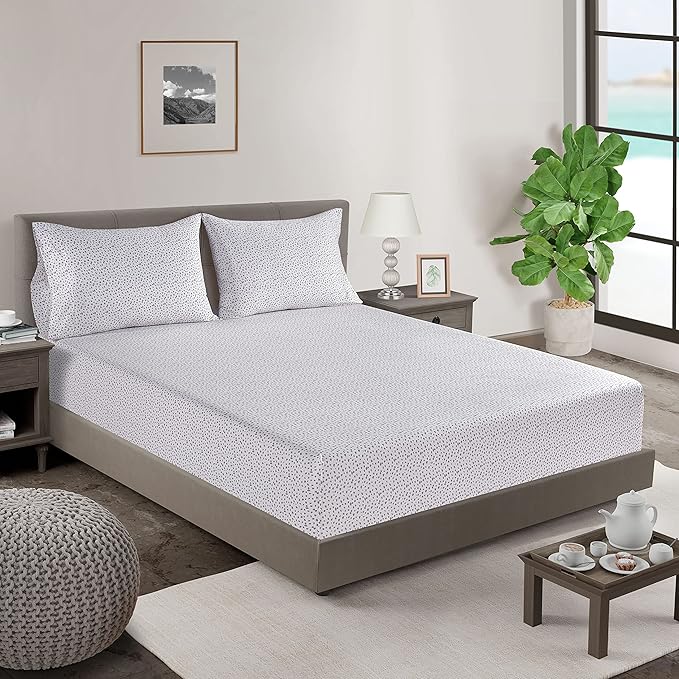 LANE LINEN Twin XL Fitted Sheet, 100% Organic Cotton 2-Piece Set (1 Fitted Sheet, 1 Pillowcase), Percale Weave, Soft, Breathable, Fits Mattress Upto 15" Deep - White (Grey Dot)(No Flat Sheet)