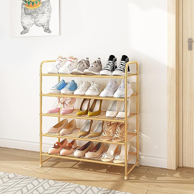 Simple Trending 5-Tier Stackable Shoe Rack, Expandable & Adjustable Shoe Organizer Storage Shelf, Wire Grid, Golden Yellow