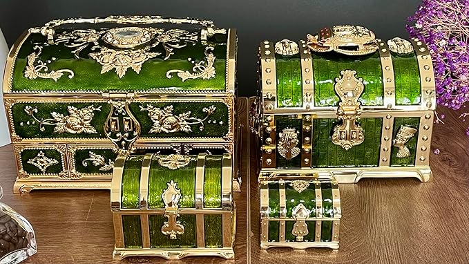 Retro Jewelry Box Arched Vintage Rectangular Metal Chest Necklace Ring Earrings Storage Case for Women Girls (Golden Transparent Green, L Lock)