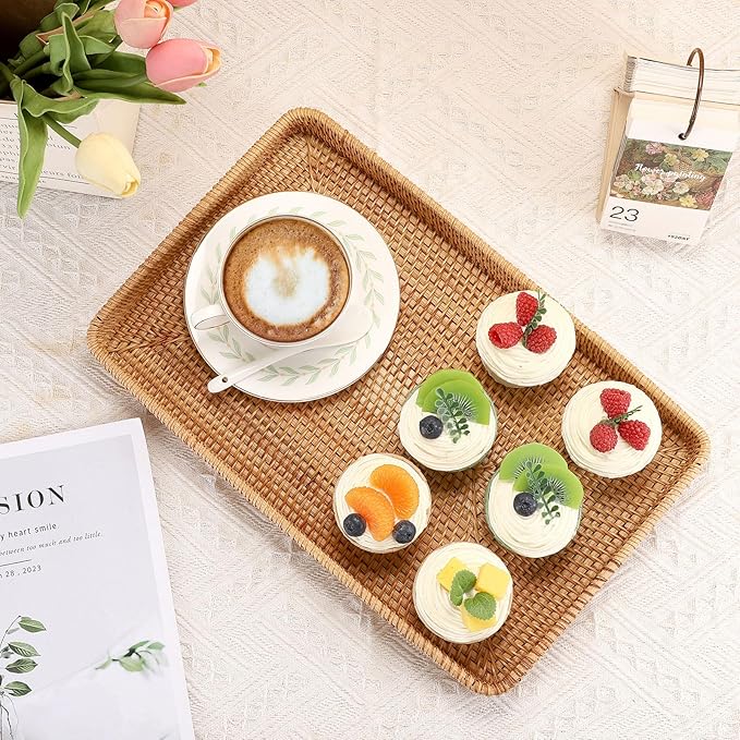 Hipiwe Rattan Serving Tray Large Wicker Storage Basket Tray for Organizing Rectangular Decorative Woven Trays Snacks Fruit Wicker Basket for Coffee Table Bathroom Home Decor,14.8"x 9.0"x1.8"