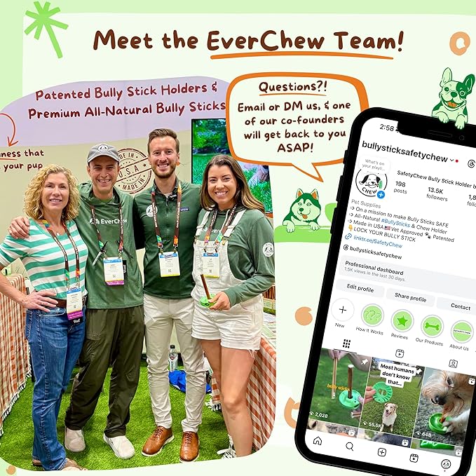 EverChew | Made in USA Bully Stick Holders & Premium All-Natural Bully Stick Starter Packs (SafetyChew+ & 1 Thick 6" Stick | 16 to 39+ lbs)