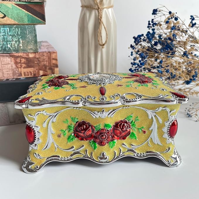 Truewon Jewelry Chest Rose Pastoral Style Metal Box Trinket Vintage Trinket Gemstone Storage Tray Treasure Souvenir Gift Case for Girls Women (Chrome Starshine Yellow, Large)