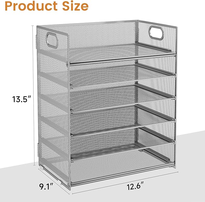 Subekyu 6 Tier Paper Organizer for Desk with Handle, Metal Mesh Desk Office File Folder Paper Letter Tray Accessories Organizer Sorter for Home, School, Office Desktop Document Organization - Silver