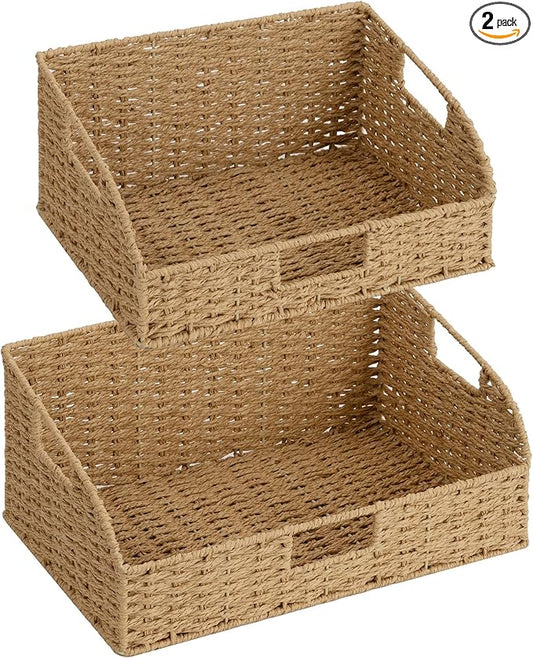 StorageWorks Pantry Baskets for Organizing, Paper Rope Storage Baskets for Shelves with Built-in Handles, Pantry Organizers and Storage, Natural, Set of 2 (Large and Medium)