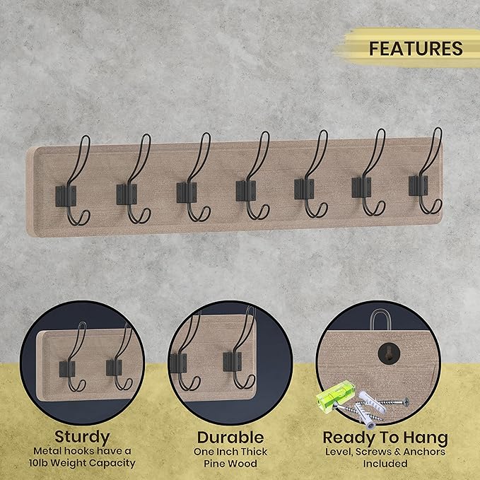 HBCY Creations Weathered Solid Wood Wall Mounted Coat Rack with Shelf, 7 Hooks, 34" Long - Kitchen, Mudroom, Entryway, Bathroom - Includes Mounting Hardware, Coat Hanger, Dog Leash Hooks, Towel Rack