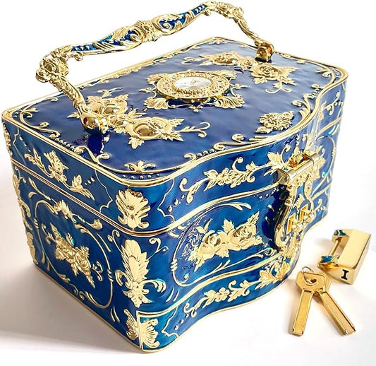 Truewon Jewelry Chest Rose Pastoral Style Metal Box Trinket Vintage Trinket Gemstone Storage Tray Treasure Souvenir Gift Case for Girls Women (Golden Blue, Double Extra Large Hand-held)