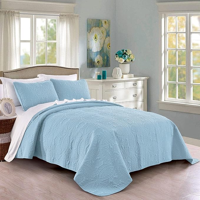 Quilt Set King/Cal King/California King Size Sky Blue - Oversized Bedspread - Soft Microfiber Lightweight Coverlet for All Season - 3 Piece Includes 1 Quilt and 2 Shams, Geometric Pattern