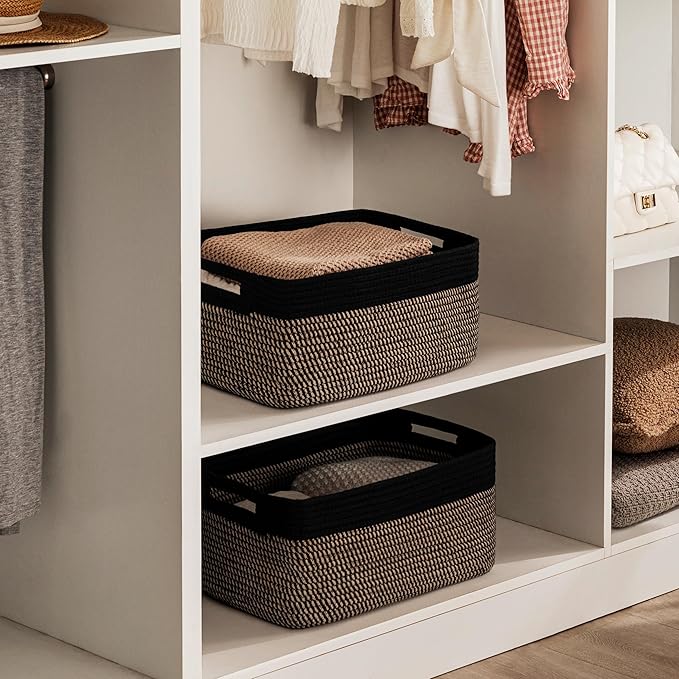 UBBCARE 2 Pack Large Woven Storage Baskets for Organizing, Clothes/Towel/Sweater Organizer for Closet, Storage Baskets Bins for Shelves, Blanket Basket, 17''Lx13''Wx7.5''H, Black/Brown