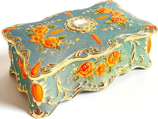 Truewon Jewelry Chest Rose Pastoral Style Metal Box Trinket Vintage Trinket Gemstone Storage Tray Treasure Souvenir Gift Case for Girls Women (Golden Starshine Bluish Violet, Extra Large)