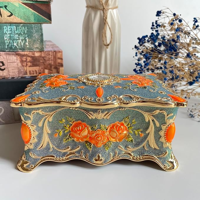 Truewon Jewelry Chest Rose Pastoral Style Metal Box Trinket Vintage Trinket Gemstone Storage Tray Treasure Souvenir Gift Case for Girls Women (Golden Starshine Bluish Violet, Large)