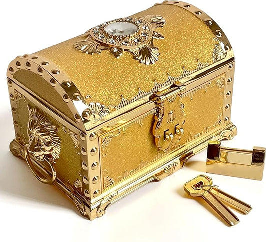 Retro Jewelry Box Arched Vintage Rectangular Metal Chest Necklace Ring Earrings Storage Case for Women Girls (Golden Starlight Yellow, L Lock)