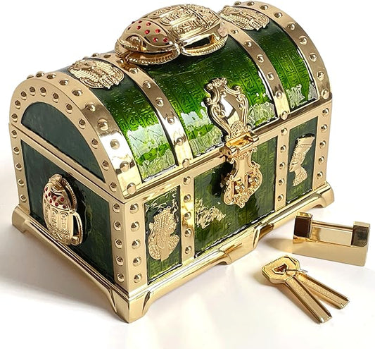 Retro Jewelry Box Arched Vintage Rectangular Metal Chest Necklace Ring Earrings Storage Case for Women Girls (Golden Transparent Green, L Lock)