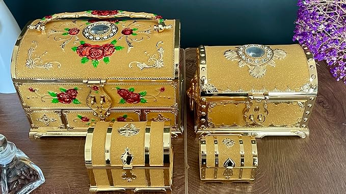 Retro Jewelry Box Arched Vintage Rectangular Metal Chest Necklace Ring Earrings Storage Case for Women Girls (Golden Starlight Yellow, XL Lock)