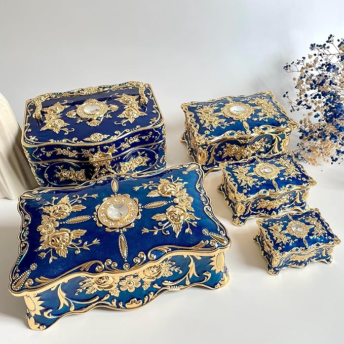 Truewon Jewelry Chest Rose Pastoral Style Metal Box Trinket Vintage Trinket Gemstone Storage Tray Treasure Souvenir Gift Case for Girls Women (Golden Blue, Double Extra Large Hand-held)