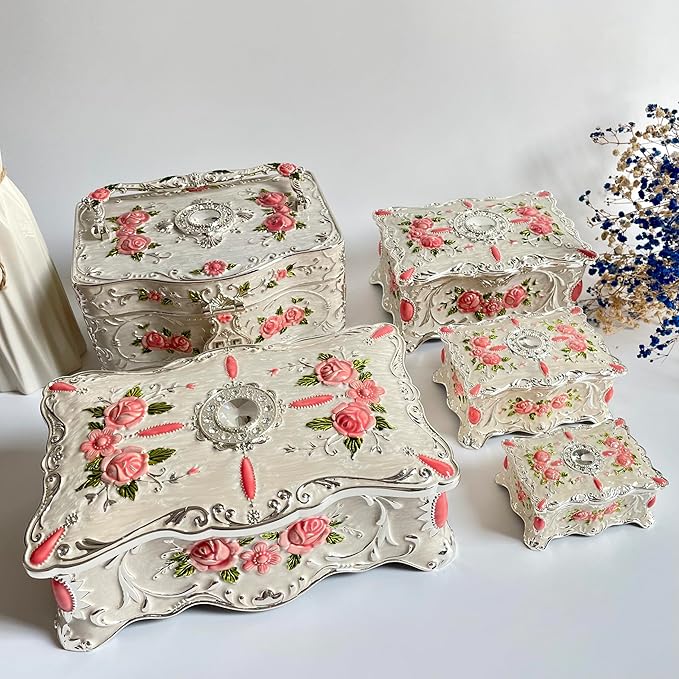 Truewon Jewelry Chest Rose Pastoral Style Metal Box Trinket Vintage Trinket Gemstone Storage Tray Treasure Souvenir Gift Case for Girls Women (White Pink Golden, Large)