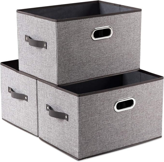 PRANDOM Larger Collapsible Storage Bins for Closet [3-pack] Decorative Linen Fabric Storage Baskets Cubes with Leather/Metal Handles for Living Room Cloth Grey and Black Trim (17.3x12.2x10.4 Inch)