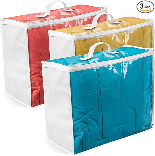 Storage Bags 18x15x9, 3 Pack Durable Zippered Storage Bags for Comforters, Blankets, Clothes and Bedding - Breathable Nonwoven with Clear Front for Easy Organizing