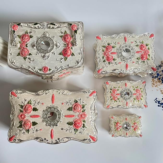 Truewon Jewelry Chest Rose Pastoral Style Metal Box Trinket Vintage Trinket Gemstone Storage Tray Treasure Souvenir Gift Case for Girls Women (White Pink Golden, Double Extra Large Hand-held)