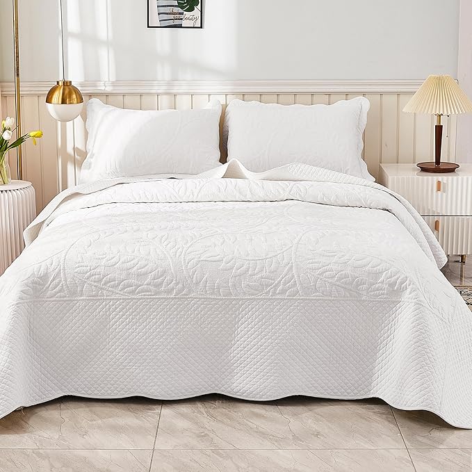 MarCielo 100% Cotton Quilt Set - 3-Piece Embroidered Farmhouse Bedspread & Shams, All-Season Breathable Bedding (Bright White,Queen)