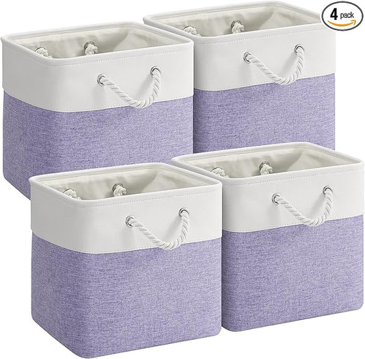12 x 12 Inch Cube Storage Bins, 4 Pack Fabric Storage Basket with Handles, Foldable Boxes Organizer for Shelf Baskets for Home, Clothes, Toys (White/Purple)
