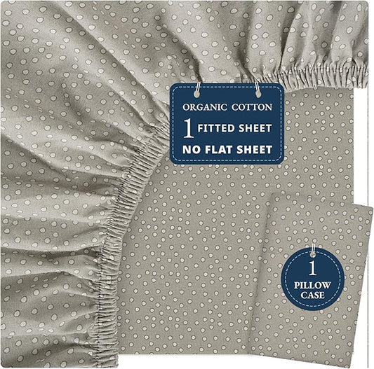LANE LINEN Twin Fitted Sheets, 100% Organic Cotton 2-Piece Set (1 Fitted Sheet, 1 Pillowcase), Percale Weave, Soft, Breathable, Fits Mattress Upto 15' Deep - Grey (White Dot)(No Flat Sheet)