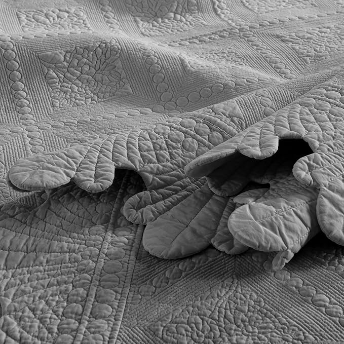 MarCielo 3-Piece 100% Cotton Oversized Bedspread Lightweight Quilt Coverlet Embroidery Farmhouse Bedding Set (Tk Light Grey, Oversized King (118"x106"))