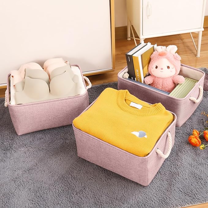 Storage Bins with Sturdy Cotton Handles(3 Pack), Fabric Storage Baskets for Organizing use for Office & Home, Book, Clothes, Toys, Closet Boxes (Medium, Pink, 14.2x10.2x7.1 inches)