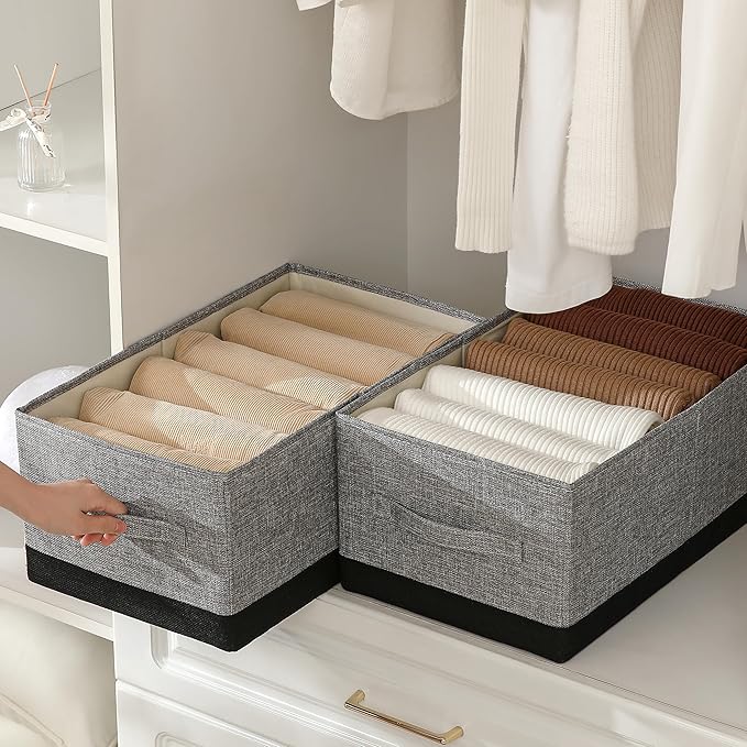 Linen Folding Storage Bins, 3 Pack Large Storage Baskets, Washable, Clothing Storage Bins with Handle, Closet Organizer for Storage Sweater,Sheets (gray black, 18½"x11"x8½")