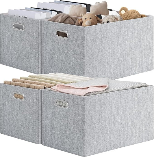 Posprica Closet Organizers and Storage, 4 Pack Large Linen Storage Bins, Decorative Shelf Storage Baskets for Organizing, Foldable Fabric Storage Box for Clothes, Toy, 16.5x12x10.25 Inch(Grey)