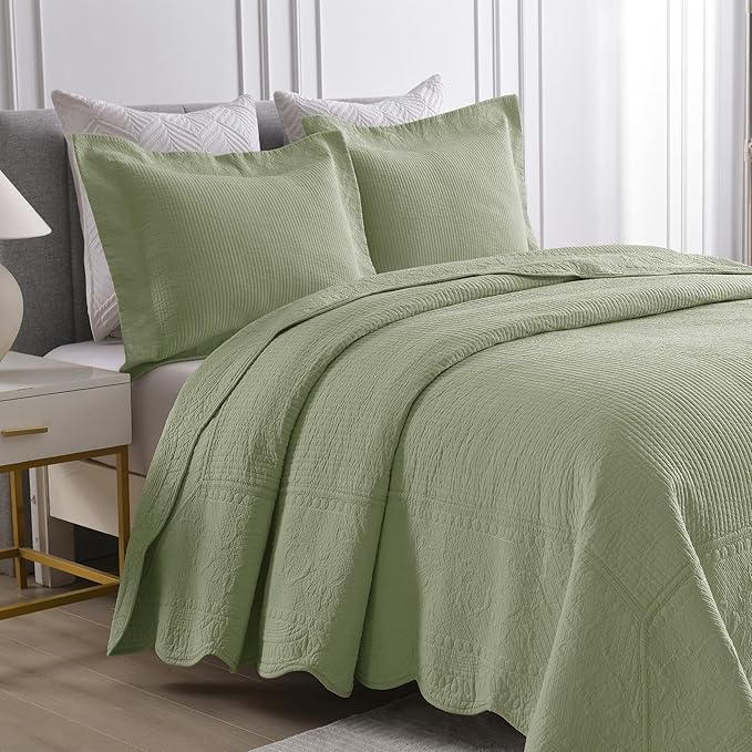 MarCielo 3-Piece 100% Cotton Oversized Bedspread Lightweight Quilt Coverlet Embroidery Farmhouse Bedding Set (TG Pale Green, Oversized Queen (100"x106"))