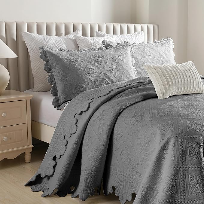 MarCielo 3-Piece 100% Cotton Oversized Bedspread Lightweight Quilt Coverlet Embroidery Farmhouse Bedding Set (Tk Light Grey, Oversized King (118"x106"))