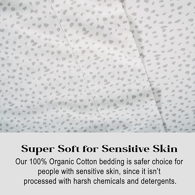 LANE LINEN Queen Fitted Sheet, 100% Organic Cotton Fitted Bed Sheets, 3 Pc Set(1 Fitted Sheet,2 Pillowcases) Percale Weave, Breathable, Fits Mattress Upto 15" Deep - White(Grey Dot)(No Flat Sheet)