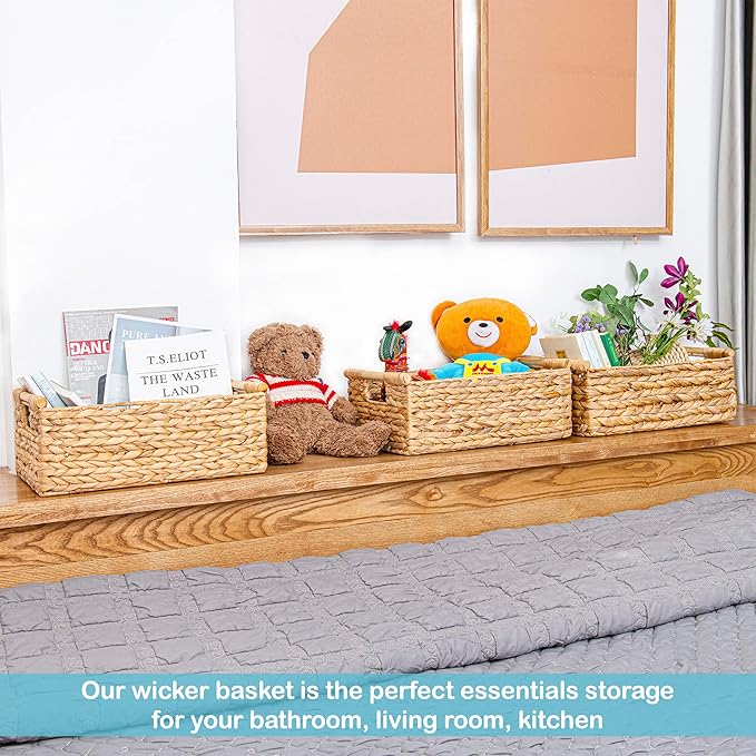 VATIMA Hyacinth Large Wicker Basket 15.5x10.8x6.2" - Rectangular, Wooden Handles, Shelf Organizer