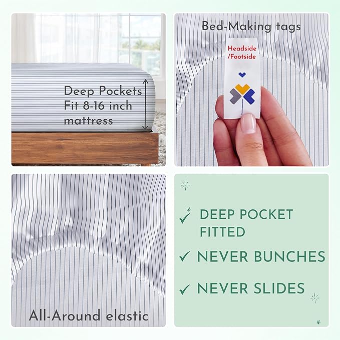 California Design Den Printed Striped Bed Sheets King Size Set - 600 Thread Count, 100% Cotton Sateen, Premium Deep Pocket King Sheet Set - Classic Blue Stripe Print