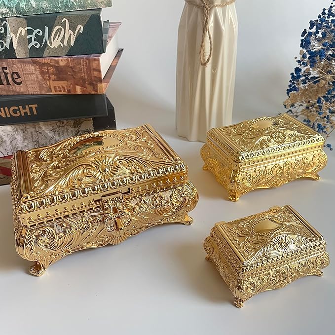 SIWOT Rectangular Classical Patterned Jewelry Box,Metal Retro European Scroll Design Treasure Storage Chest Case for Girls Women (Golden, Large)