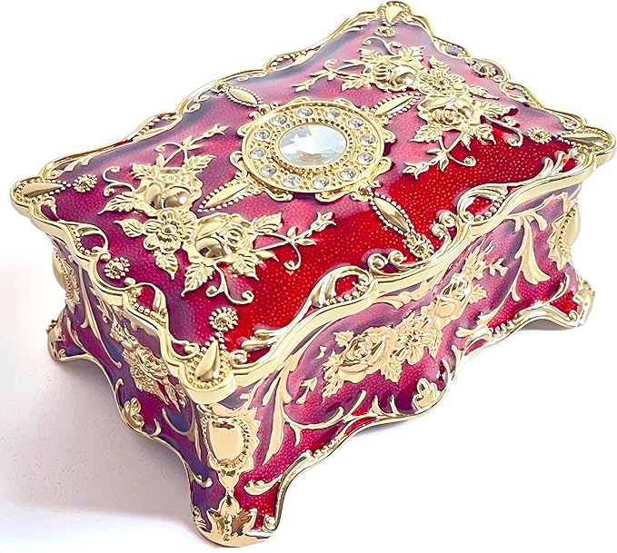 Truewon Jewelry Chest Rose Pastoral Style Metal Box Trinket Vintage Trinket Gemstone Storage Tray Treasure Souvenir Gift Case for Girls Women (Golden Red, Large)
