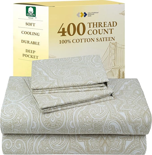 California Design Den Queen Sheet Set - 400 Thread Count Sateen, Deep Pocket Natural 100% Cotton Sheets, Deep Pocket and Durable Bedding - Paisley Pattern, Beige