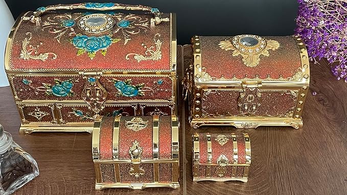 Retro Jewelry Box Arched Vintage Rectangular Metal Chest Necklace Ring Earrings Storage Case for Women Girls (Golden Starlight Red, M)