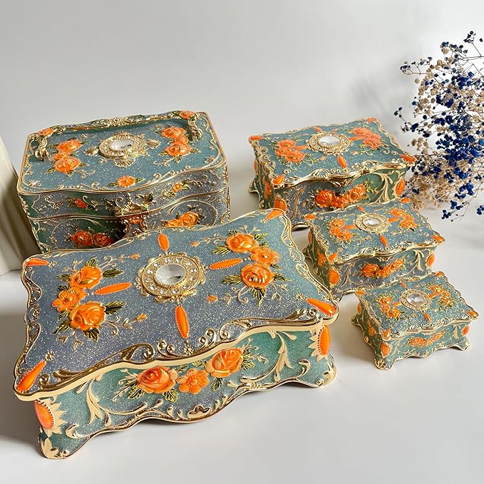 Truewon Jewelry Chest Rose Pastoral Style Metal Box Trinket Vintage Trinket Gemstone Storage Tray Treasure Souvenir Gift Case for Girls Women (Golden Starshine Bluish Violet, Large)