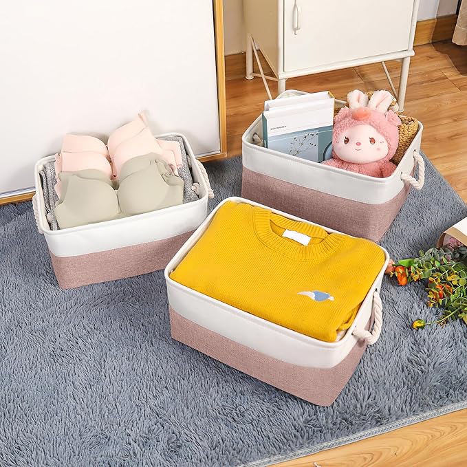 Storage Bins with Sturdy Cotton Handles(3 Pack), Fabric Storage Baskets for Organizing use for Office & Home, Book, Clothes, Toys, Closet Boxes (Small, Pink-White, 12.2x8.3x6.3 inches)