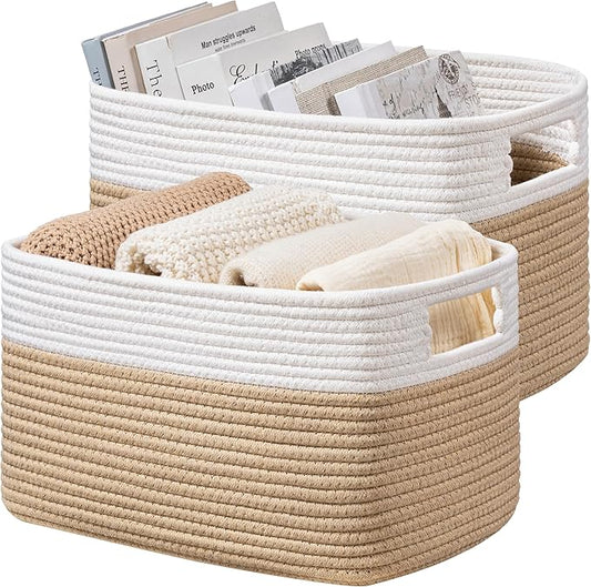 UBBCARE 2 Pack Shelf Baskets, Larger Woven Storage Baskets for Organizing(14.5''L x 9.84''W x 9''H), Basket Organizer for Toys, Books, Clothes, Large Gift Basket, White&Brown
