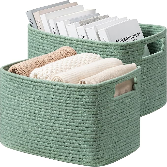 UBBCARE 2 Pack Larger Woven Storage Baskets, 22L Capacity, Grass Green Cotton Rope Shelf Baskets for Organizing Dog Toys, Books, Clothes, Large Gift Basket