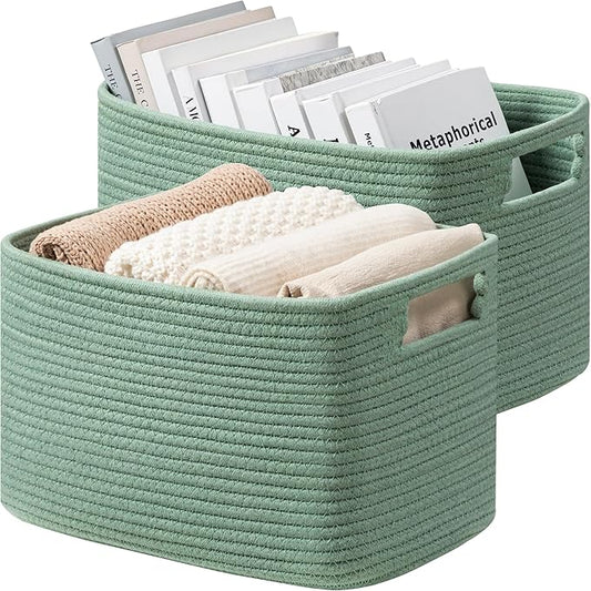 UBBCARE 2 Pack Larger Woven Storage Baskets, 22L Capacity, Grass Green Cotton Rope Shelf Baskets for Organizing Dog Toys, Books, Clothes, Large Gift Basket