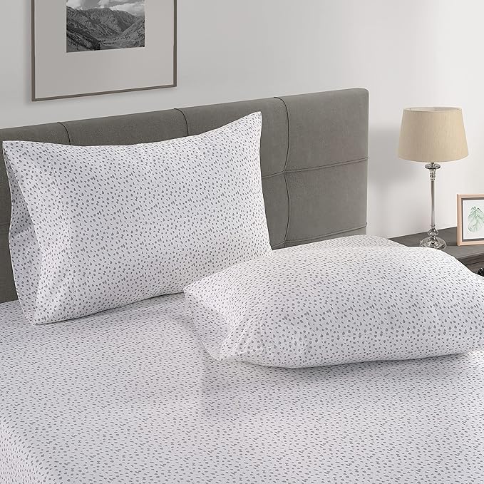 LANE LINEN Queen Fitted Sheet, 100% Organic Cotton Fitted Bed Sheets, 3 Pc Set(1 Fitted Sheet,2 Pillowcases) Percale Weave, Breathable, Fits Mattress Upto 15" Deep - White(Grey Dot)(No Flat Sheet)