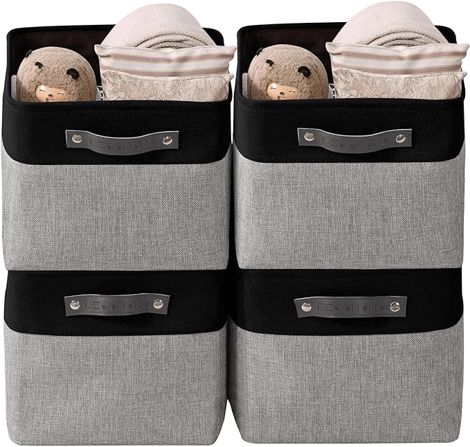 DECOMOMO Storage Baskets for Shelves - Fabric Closet Organizers and Storage Bins, Perfect Baskets for Organizing Closet Toys Nursery (Grey and Black, Large - 4 Pack)