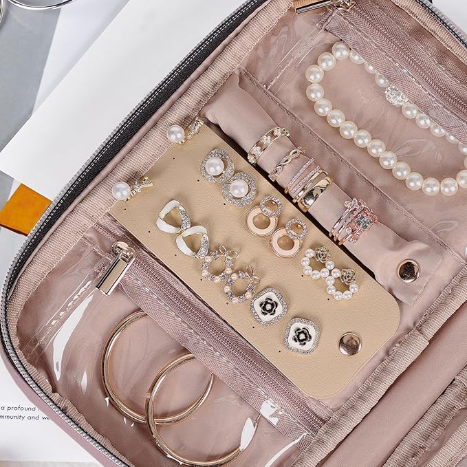 NISHEL Travel Jewelry Case, Holiday Organizer for Necklaces, Earrings, Rings, Bracelets, Watch, Peach Pink