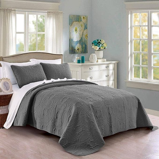 Pure Bedding Quilt Set Full/Queen Size Dark Grey - Oversized Bedspread - Soft Microfiber Lightweight Coverlet for All Season - 3 Piece Includes 1 Quilt and 2 Shams, Geometric Pattern