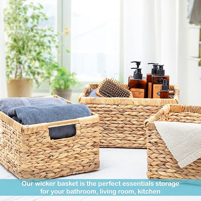 VATIMA Large Rectangular Wicker Basket with Wooden Handles for Shelves and Storage - Natural Water Hyacinth Basket for Organizing, 14.5 x 10.3 x 7.5 inches